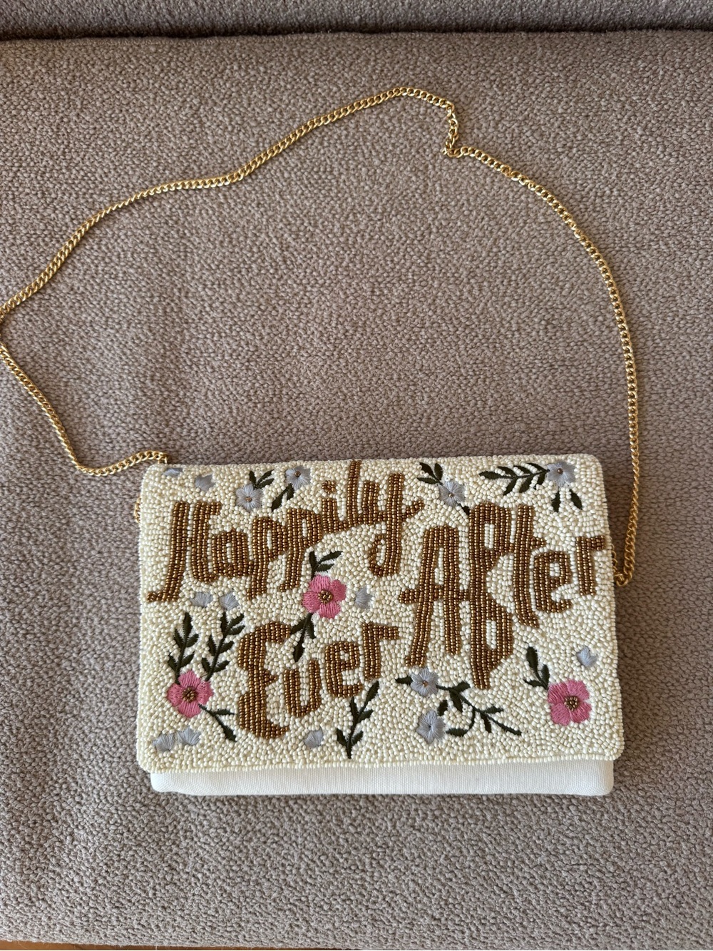 Beaded 'Happily Ever After' Ivory Crossbody Bag with Gold Chain